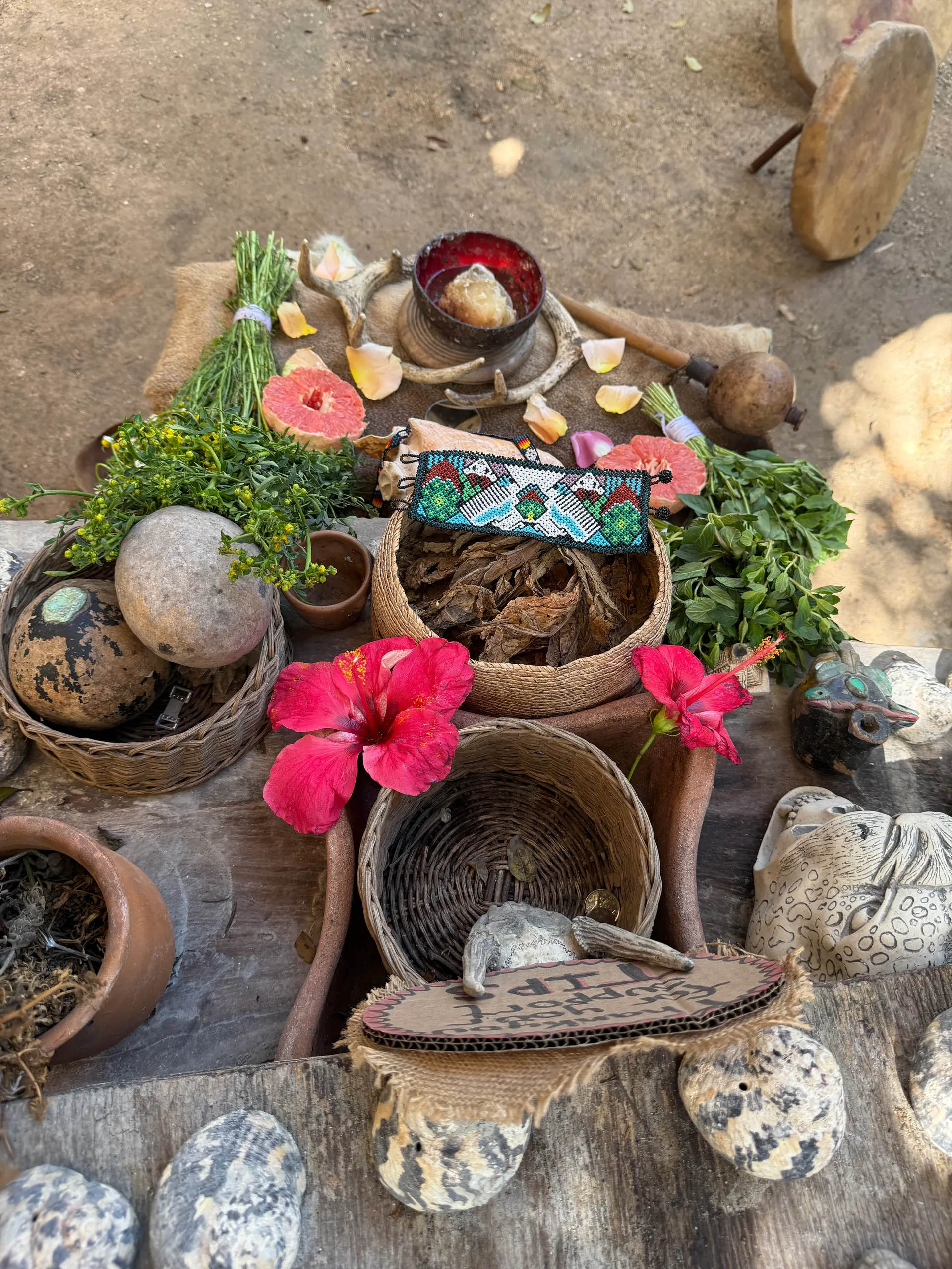 Altar con flores de hibisco, canastas, guajes y copal sobre la tierra
