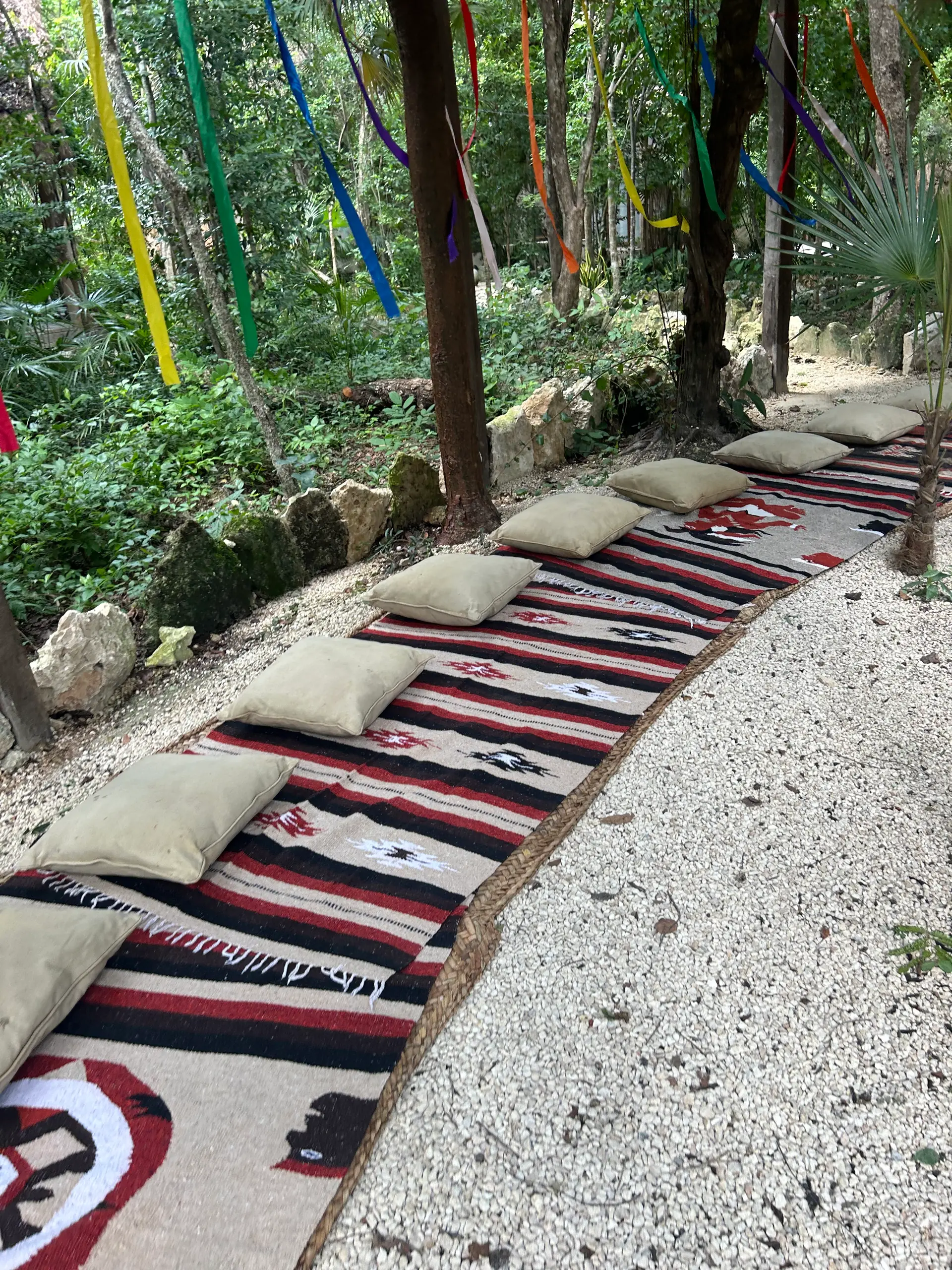 Sendero de tapetes tejidos y cojines que lleva hacia el temazcal