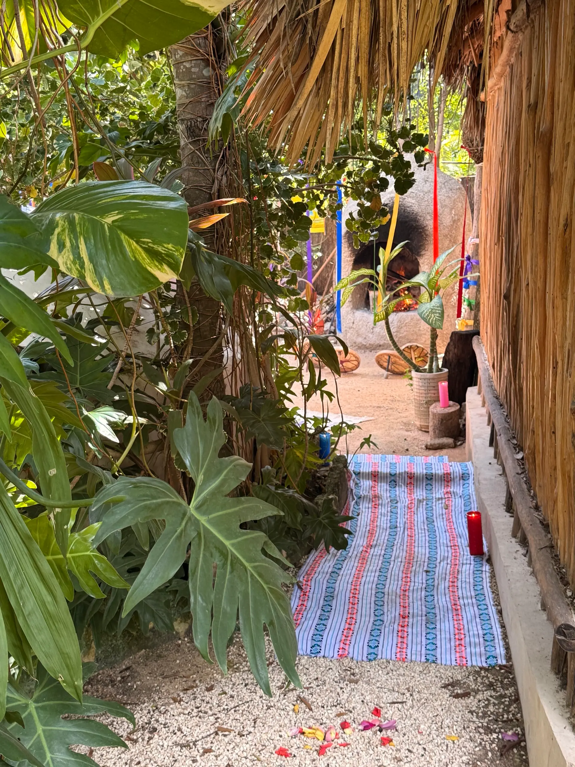 El tapete rayado tendido en el paso hacia el temazcal, entre la vegetación
